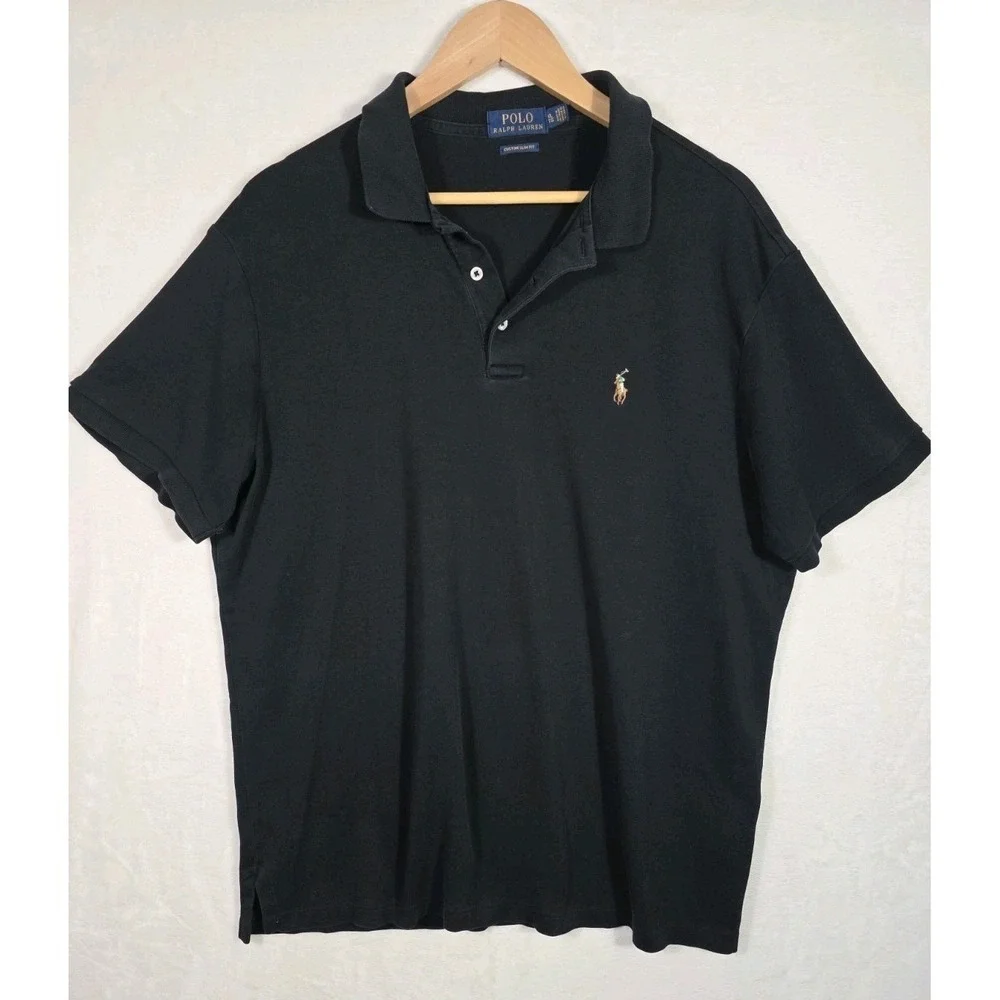 Y2K Polo Ralph Lauren Custom Slim Fit Black Polo Shirt Men's XL Cotton Logo